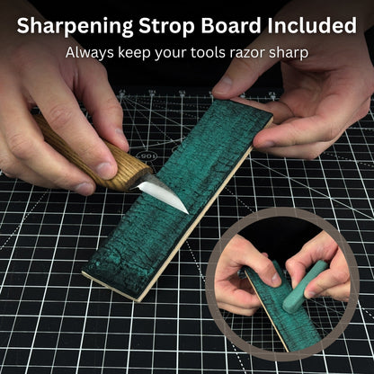 Complete Boar Carving Kit with knife, wood blocks, sandpaper, sharpening board, pencil, and boar drawing template
