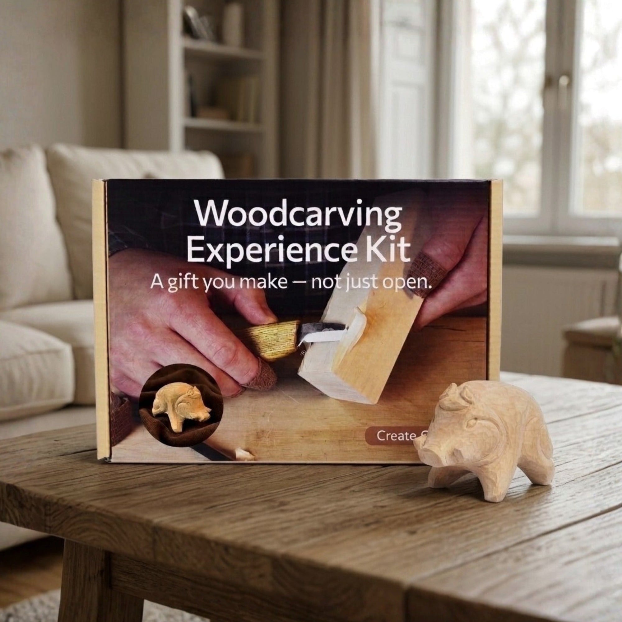 Complete Boar Carving Kit with knife, wood blocks, sandpaper, sharpening board, pencil, and boar drawing template