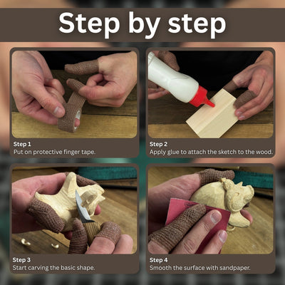 Complete Boar Carving Kit with knife, wood blocks, sandpaper, sharpening board, pencil, and boar drawing template