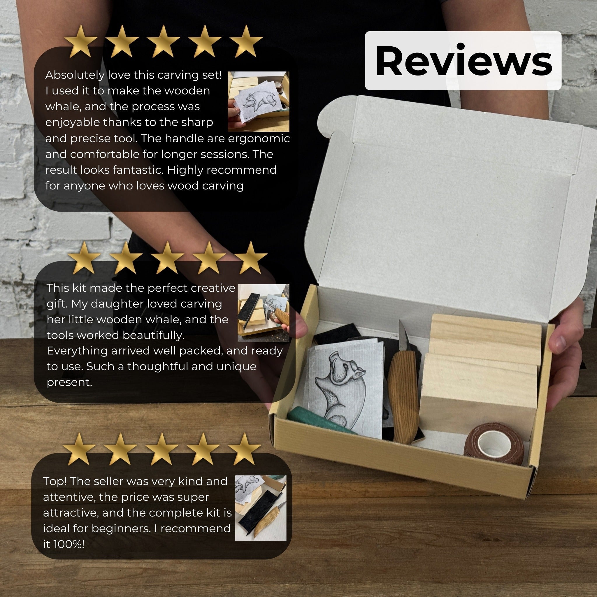 Complete Boar Carving Kit with knife, wood blocks, sandpaper, sharpening board, pencil, and boar drawing template
