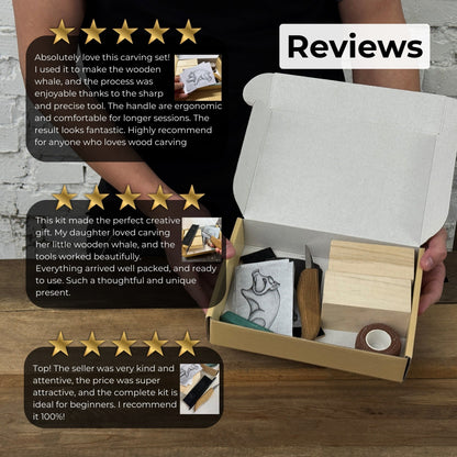 Complete Boar Carving Kit with knife, wood blocks, sandpaper, sharpening board, pencil, and boar drawing template