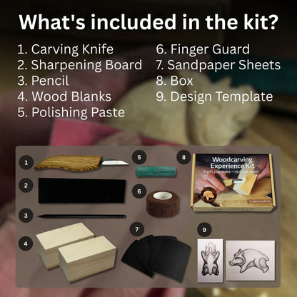 Complete Boar Carving Kit with knife, wood blocks, sandpaper, sharpening board, pencil, and boar drawing template