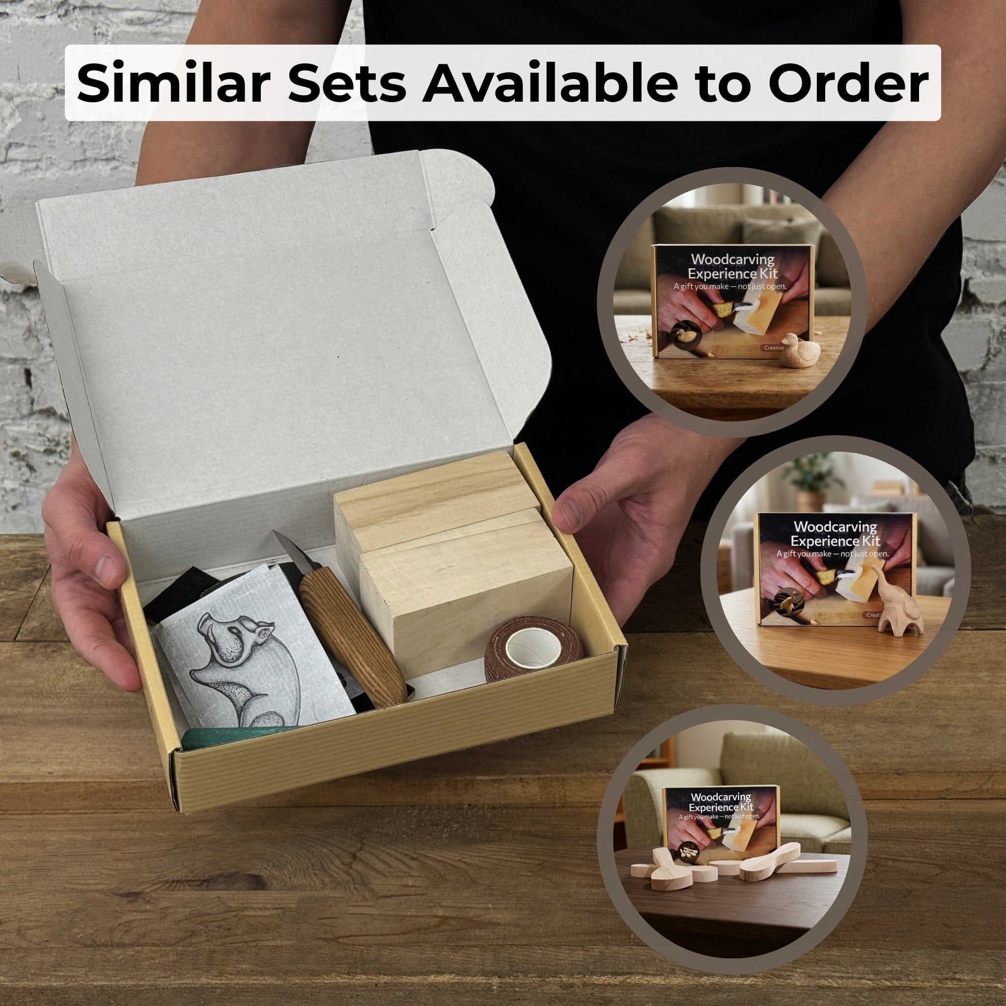 Complete Boar Carving Kit with knife, wood blocks, sandpaper, sharpening board, pencil, and boar drawing template