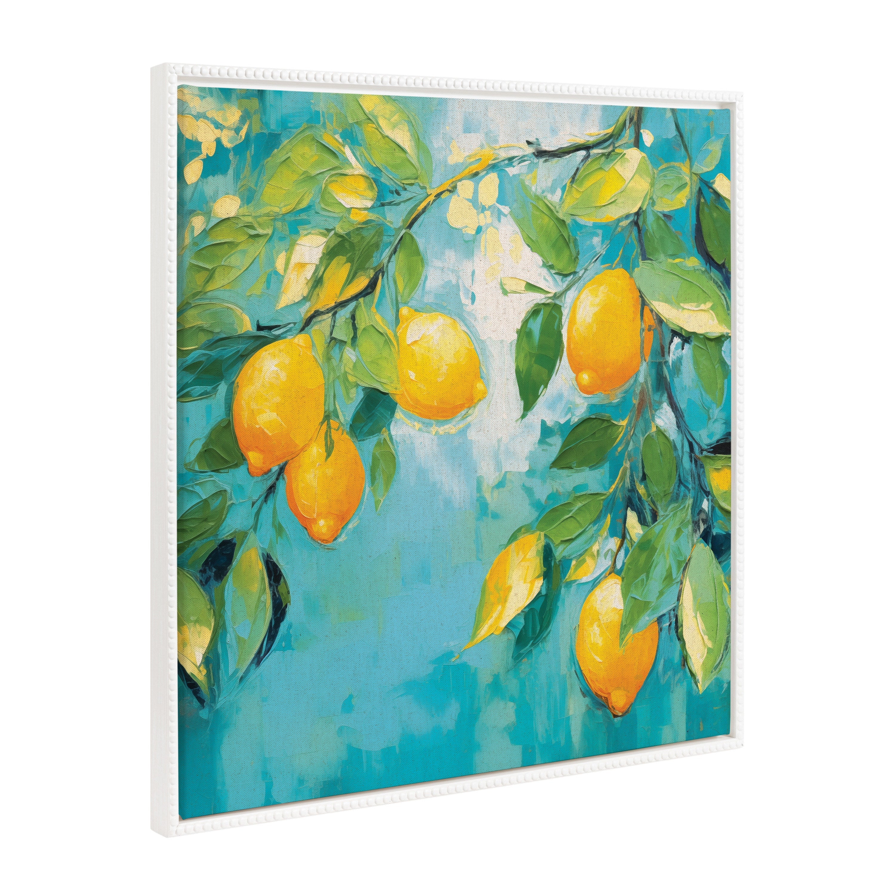 Sylvie Beaded Lemon Tree framed canvas art showing a decorative lemon tree on a white gallery-wrapped canvas with a vintage beaded polystyrene floating frame.