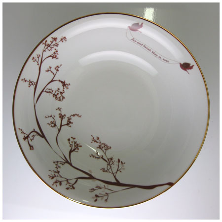 Love Bird Serving Bowl showing chocolate color with two love birds and a personalized banner design