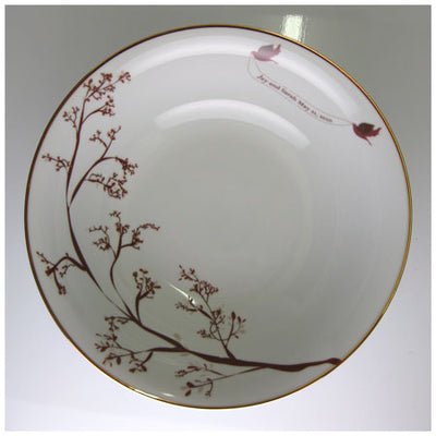 Love Bird Serving Bowl showing chocolate color with two love birds and a personalized banner design