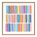 Abstract artwork with four rows of curved vertical lines in diverse bright colors, framed in light wood on a white background.