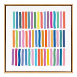 Square framed canvas with abstract whimsical vertical lines in varied colors including blue, orange, green, purple, and pink evenly spaced on white background.