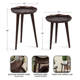 Two round metal plant stands with scalloped edges and tapered legs in bronze finish, shown at 18 and 14 inches tall with 12-inch tabletops, suitable for indoor/outdoor use.