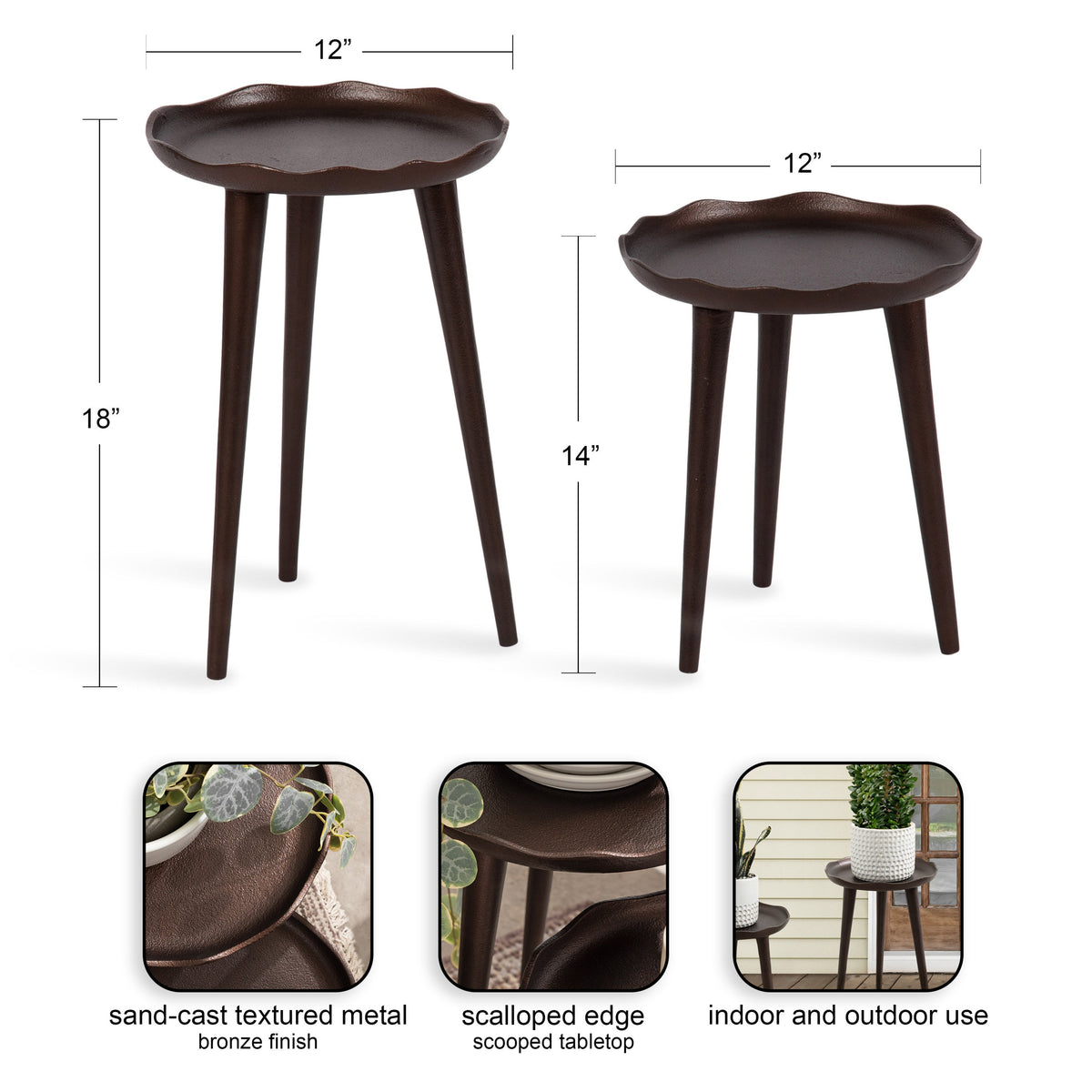 Two round metal plant stands with scalloped edges and tapered legs in bronze finish, shown at 18 and 14 inches tall with 12-inch tabletops, suitable for indoor/outdoor use.