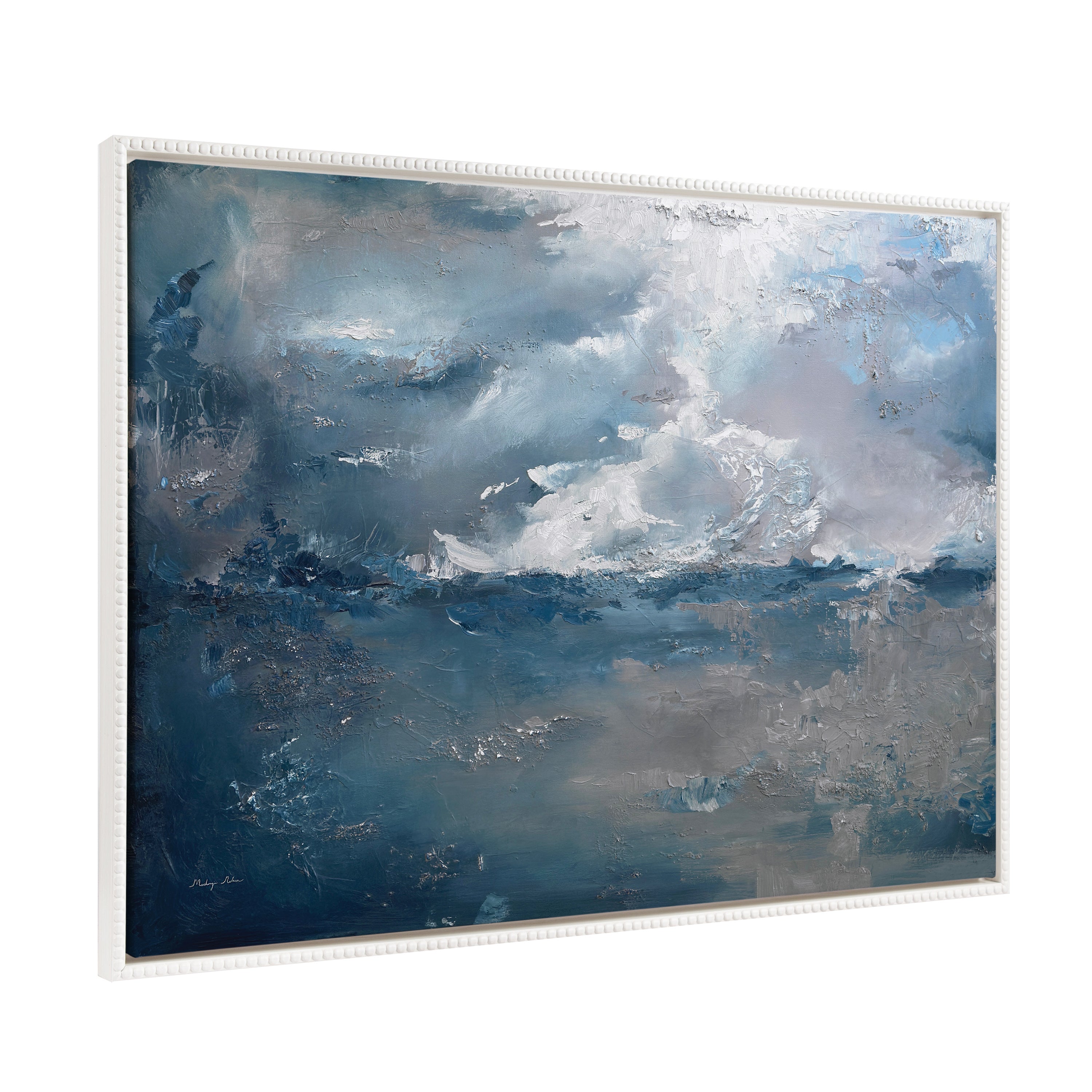 Sylvie Beaded Shades of Blue Framed Canvas Art with abstract ocean wave design in shades of blue and a vintage beaded frame