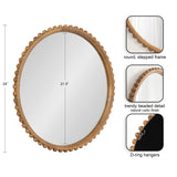 Round wooden wall mirror with a natural rustic finish featuring a stepped frame and a trendy beaded edge detail, measuring 24 inches high and 21.5 inches in reflective diameter.
