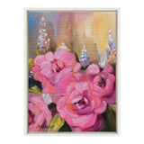Bright pink roses with purple and white flowers behind, set against a soft background with yellow and blue hues, on a framed canvas.