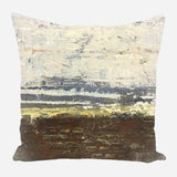 Square pillow featuring an abstract landscape with textured brushstrokes in cream, blue-gray, yellow, and dark brown hues.