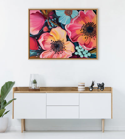 Sylvie Preppy Boho Aesthetic Colorful Floral Group Framed Canvas by The Creative Bunch Studio
