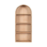 Light wood wall shelf with an arched top and four equally spaced shelves, displaying a simple and natural finish.