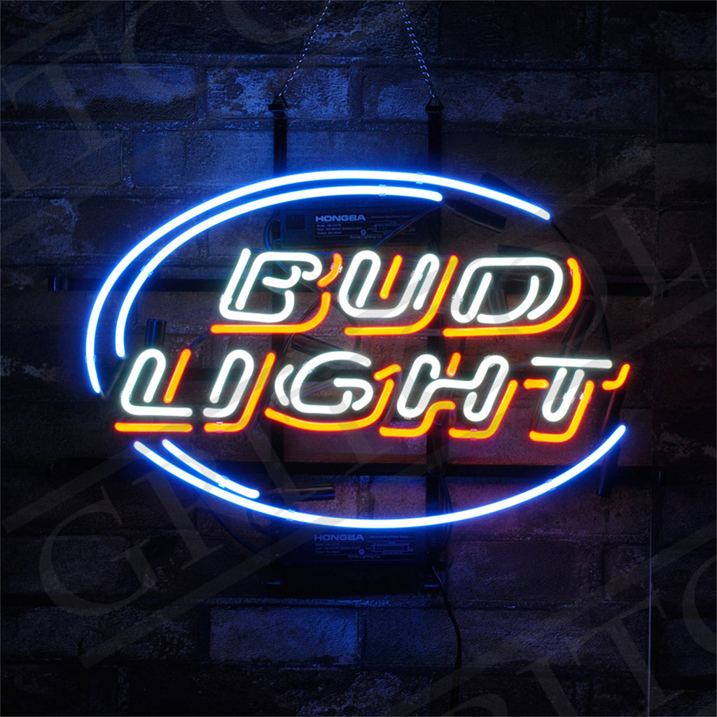 Bud Light Beer neon sign illuminated on metal grid backing