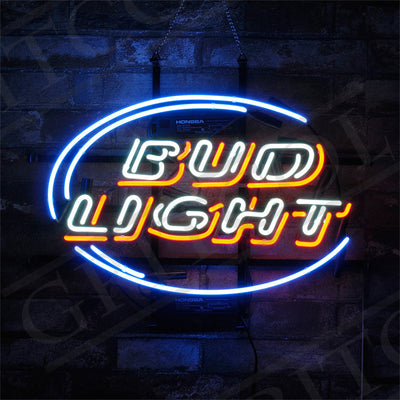 Bud Light Beer neon sign illuminated on metal grid backing