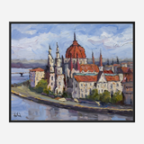 Impressionist-style oil painting of a riverside cityscape featuring red-roofed buildings and tall church spires beneath a blue sky with wispy clouds.