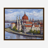 Impressionistic painting of Budapest cityscape featuring a large cathedral with red domes and spires along a riverside under a cloudy blue sky.