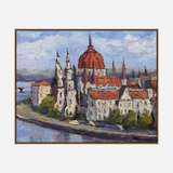 Impressionist painting of a historic cityscape with red-roofed buildings, white church towers, and a riverfront under a cloudy blue sky.