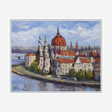 Impressionistic oil painting of a riverside cityscape featuring buildings with red rooftops and tall spires under a cloudy blue sky reflecting in the water.