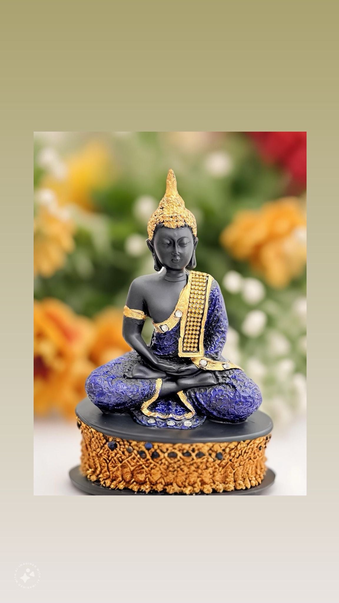 Small Buddha statue with dark matte skin, seated in meditation wearing detailed blue and gold robes, on an ornate golden base, against a blurred floral background.