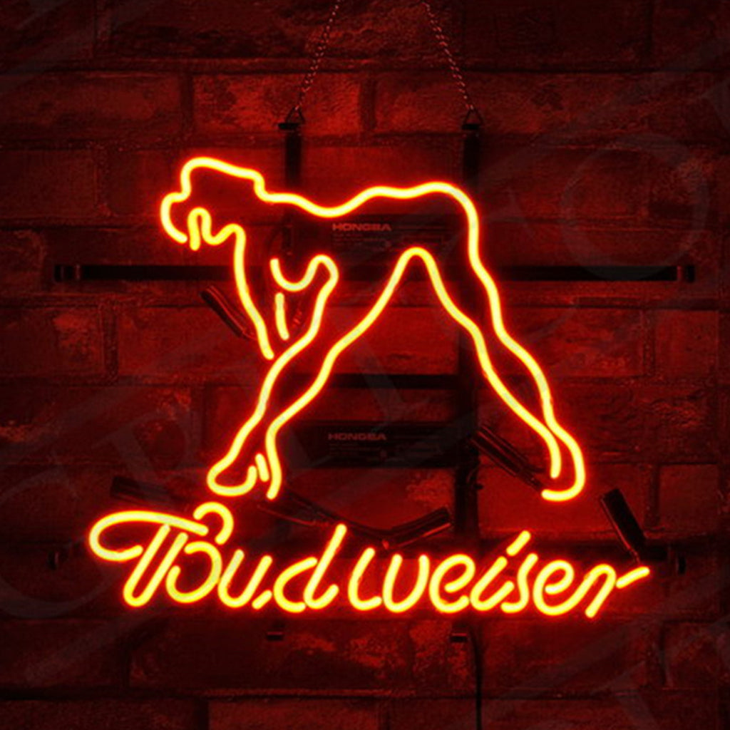 Budweiser Beer Live Nudes Sexy Girl Neon Sign illuminated in warm light, hanging against a dark background