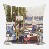 Painterly scene of a wooden pier with small boats moored alongside and trees in the background under soft daylight.
