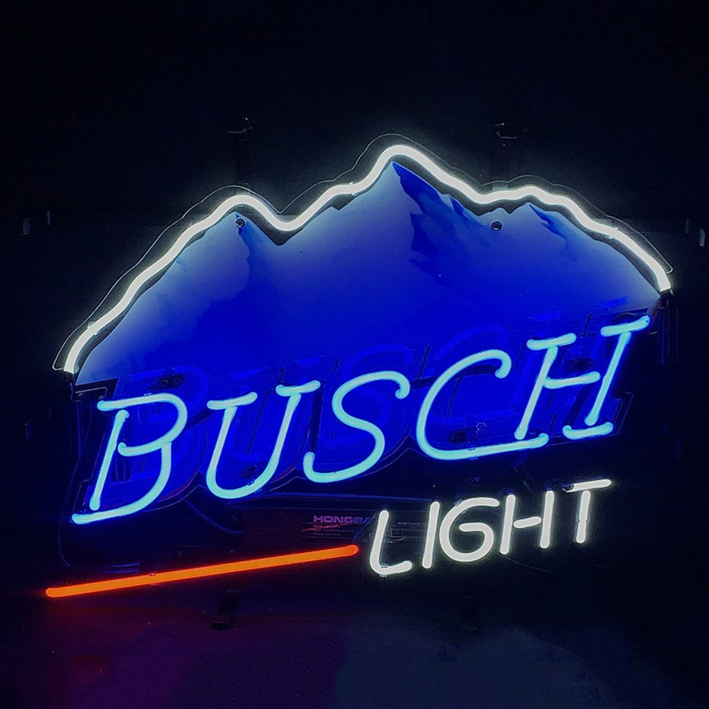 Neon sign with blue and white outlines of snow-capped mountains above the words 'BUSCH LIGHT' in blue and white neon, with a red underline beneath.