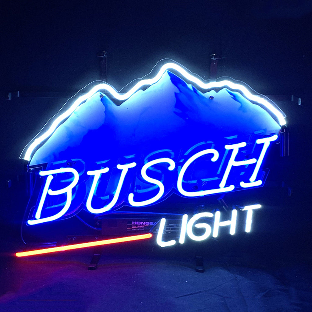 Busch Light Snow Mountain Beer Neon Sign Light showcasing vibrant neon glass tubes on acrylic and metal grid backing