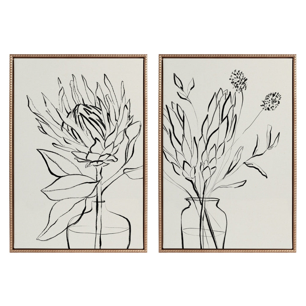 Sylvie Beaded SB Protea Sketch 1 BW and 2 BW framed canvas art set displayed on a white wall