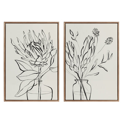 Sylvie Beaded SB Protea Sketch 1 BW and 2 BW framed canvas art set displayed on a white wall