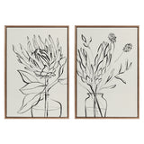 Two black and white line drawings of protea flowers in glass vases, each framed with a thin beaded wooden frame, showing distinct floral shapes and leaves.