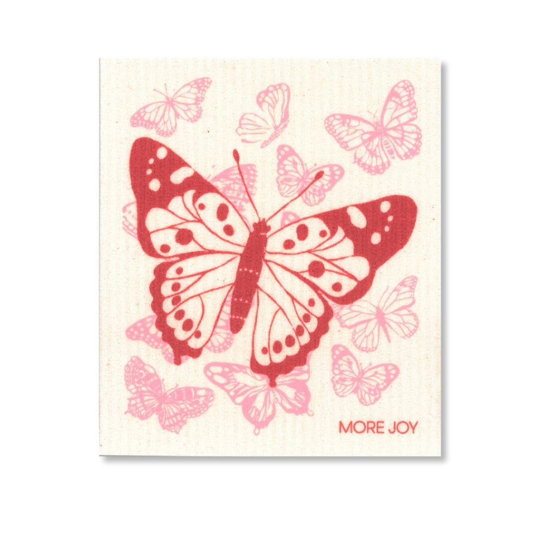 Butterfly Swedish Dishcloth featuring red, pink, and white colors laid flat showing its butterfly pattern