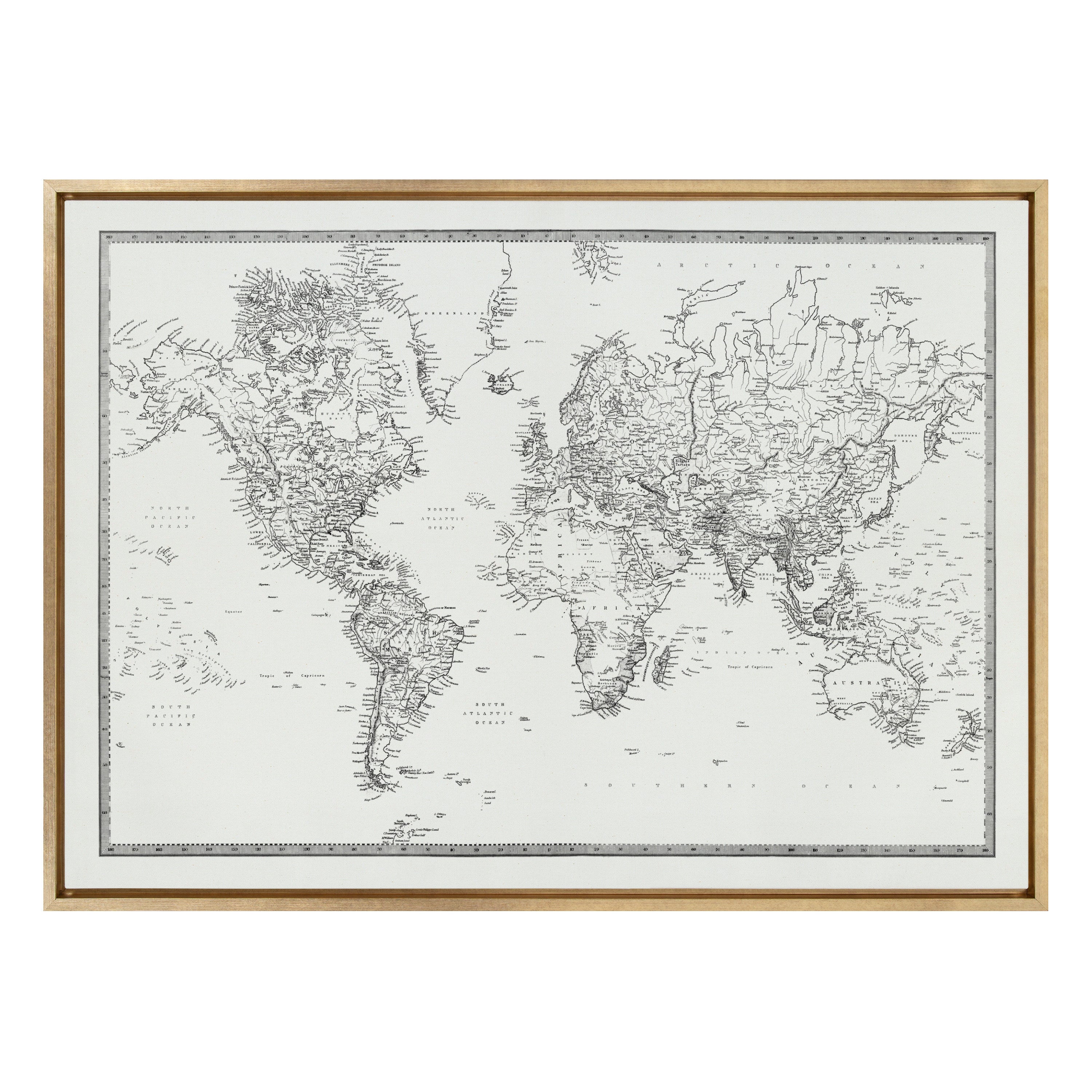 Sylvie Vintage Black and White World Map Framed Canvas by The Creative by kateandlaurel - product image 8 for Resin Society