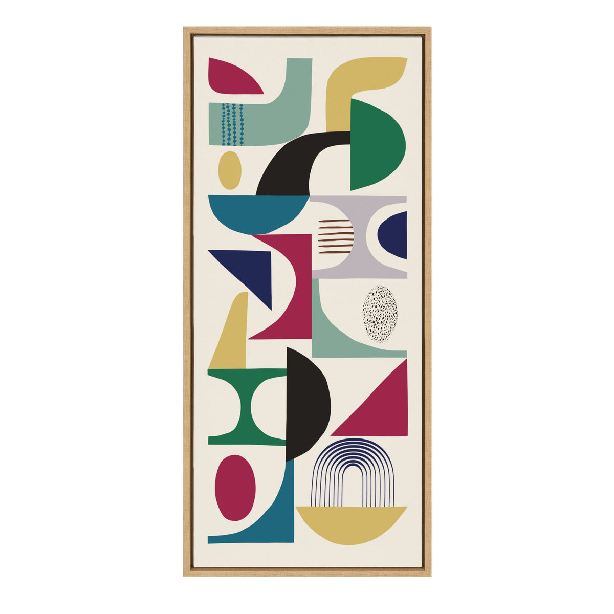 Vertical canvas with modern abstract geometric shapes in muted teal, gold, black, burgundy, and cream, framed in light wood.