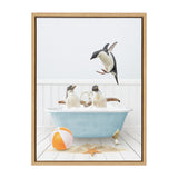 Three penguins in a light blue clawfoot bathtub filled with bubbles, one penguin jumping in, with a beach ball and starfish on sandy plank floor.