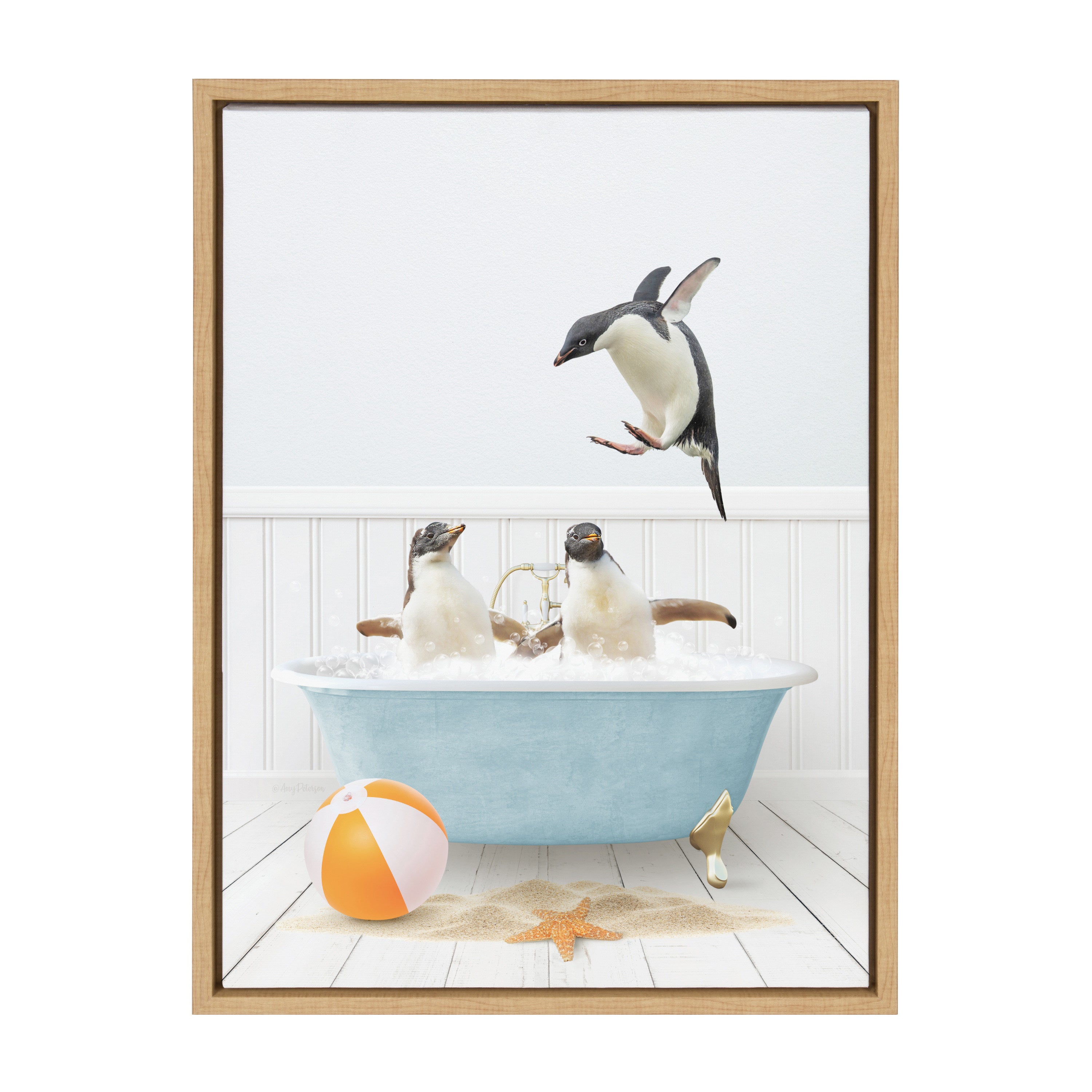 Sylvie Three Penguins Beach House Bath Framed Canvas by Amy Peterson
