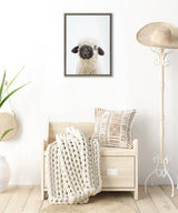 Framed portrait of a black-nosed sheep with fluffy white wool hanging above a light wood bench with a patterned pillow and chunky knit blanket in a minimalist room.