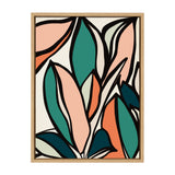 Abstract painting of overlapping leaves in teal, coral, peach, and cream with bold black outlines in a light wood frame.