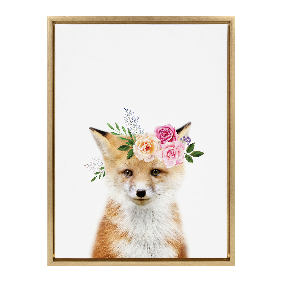 Framed canvas artwork of a red fox with a floral crown of pink and peach flowers and green leaves on a white background.