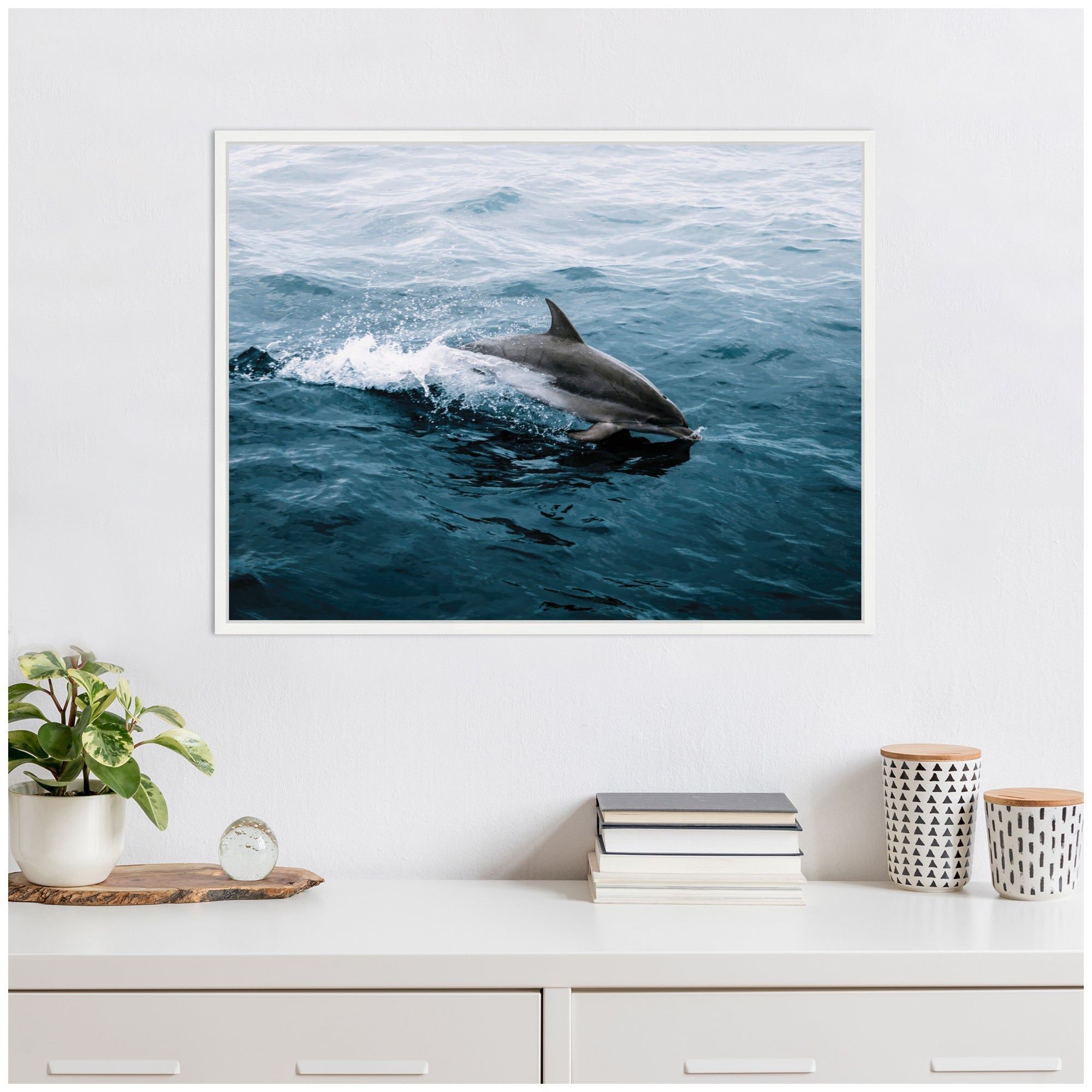 Sylvie Dolphin Skipping along in the Ocean Framed Canvas by Michael Schauer