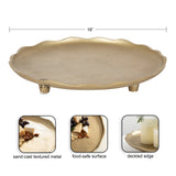 Round decorative tray with a scalloped deckled edge, made of sand-cast textured gold-toned metal, measuring 16 inches wide and 2.75 inches tall