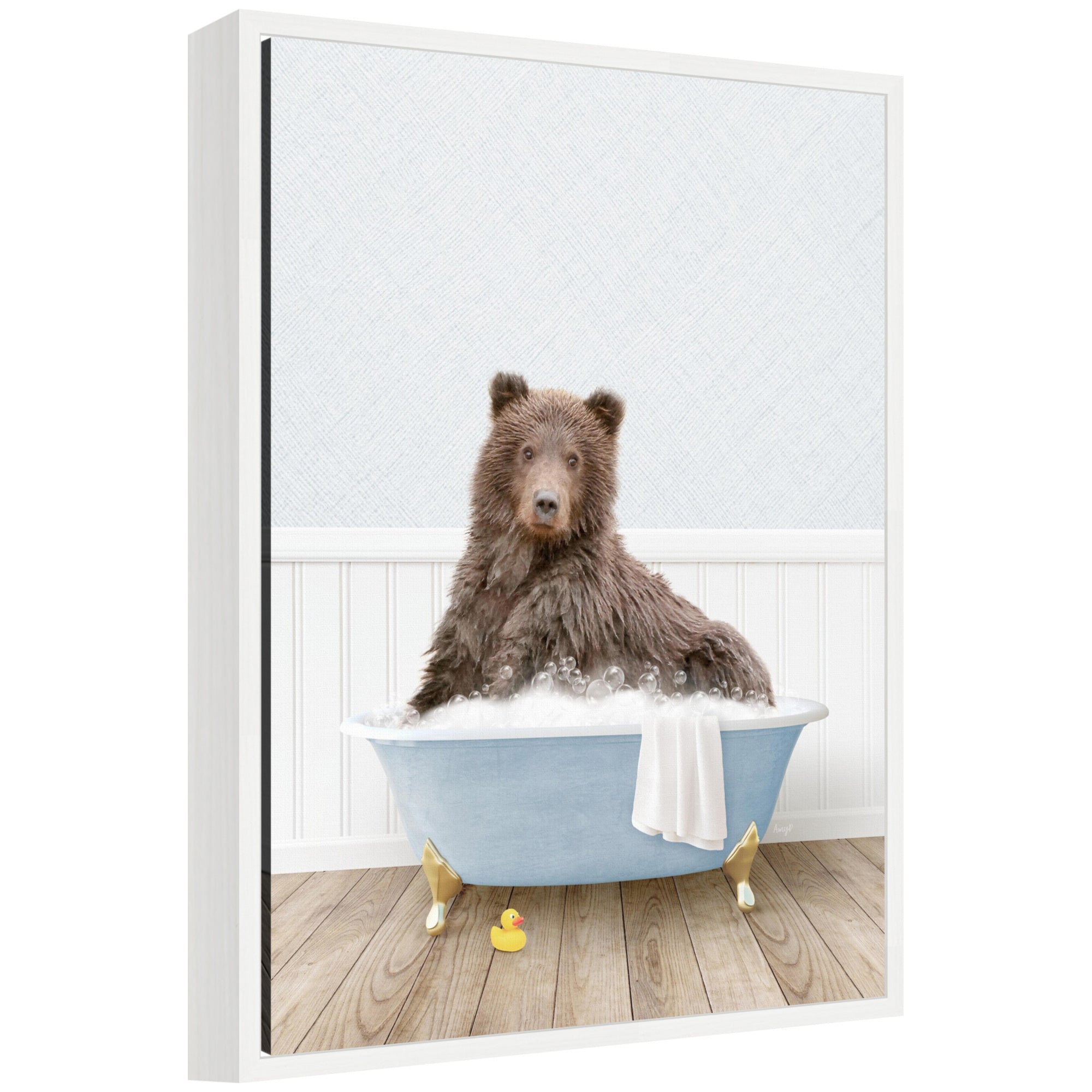 Framed canvas wall art showing a bear soaking in a light blue bathtub, styled with soft neutral wall background