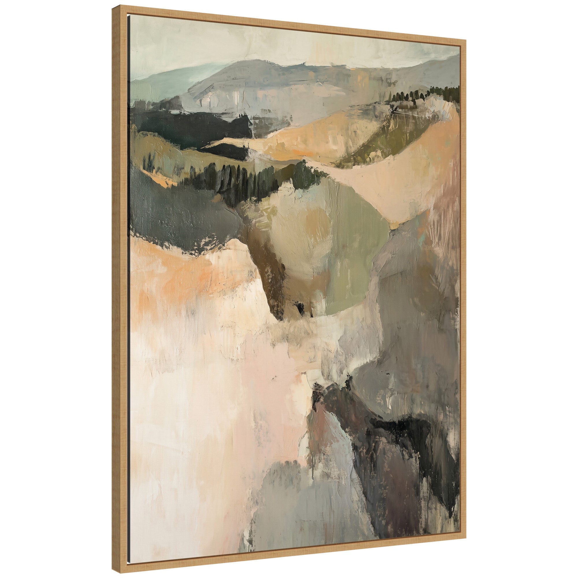Framed canvas art depicting tonal mountain landscape in neutral palette with modern floating polystyrene frame