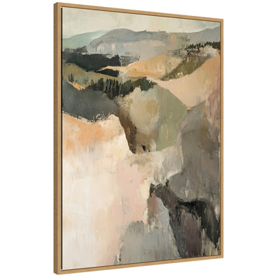Framed canvas art depicting tonal mountain landscape in neutral palette with modern floating polystyrene frame