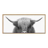 Close-up black and white portrait of a Highland cow with long hair covering its eyes and wide, outward-curving horns, framed in a thin wooden frame.