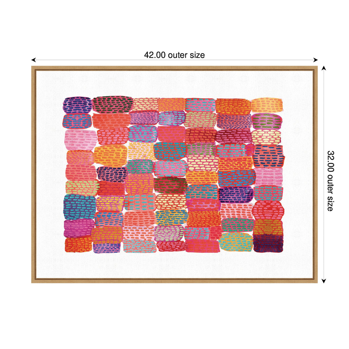 Colorful rectangular patchwork of brushstroke-like shapes in varied warm tones with dotted patterns, arranged on white background within a light wood frame.