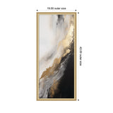 Abstract framed art with sweeping strokes of white, gold, and black blending vertically in a modern glamour style by The Creative Bunch Studio.